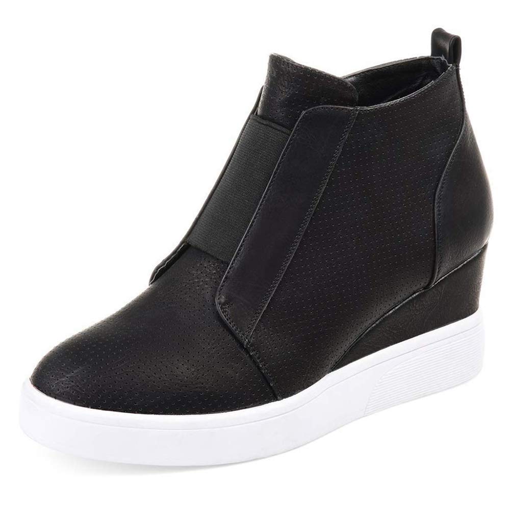 DEARWEN Women's Heel Platform Casual Sneakers Zipper Wedge High Top Sports Shoes D-Black