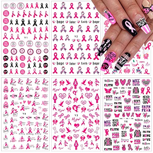 6 Sheets Breast Cancer Nail Art Stickers Decals Pink Ribbon Nail Stickers 3D Self-Adhesive Heart Breast Cancer Awareness Design Nail Charms for Women Girls DIY Manicure Tips Nail Decoration