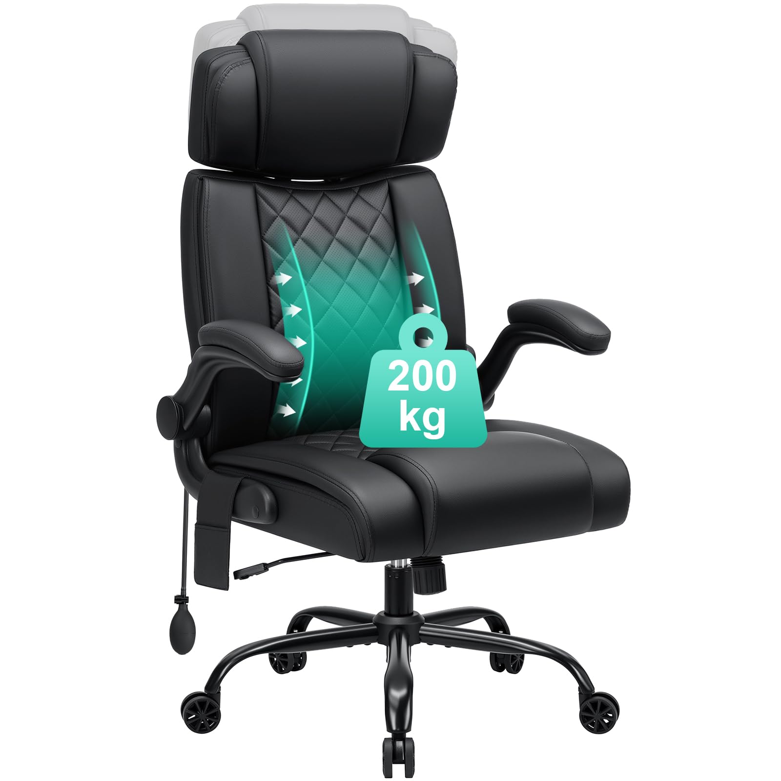 HOFFREE Bürostuhl Ergonomischer mit Lendenstütze PU-Leder Chefsessel 200kg mit Hochklappbare Armlehnen Hoher Rückenlehne Computerstuhl,Verstellbare Kopfstütze,Schwarz