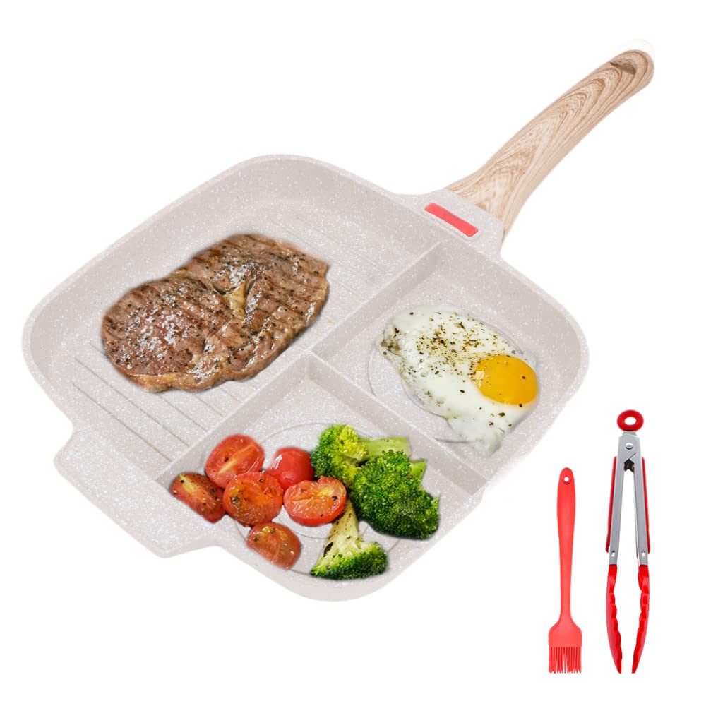 Bobikuke Divided Frying Pan All in One, Cast Aluminium Lazy Pan Non Stick Breakfast Frying Pan 3-in-1 Multi Section Skillet Induction & Gas Compatible, 28 cm (White)