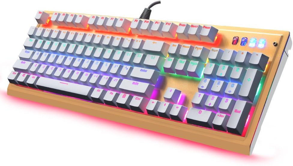 Mengmoda 108AW 104 Keys RGB Backlit Wired Gaming Mechanical Feel Keyboard with White+Gold
