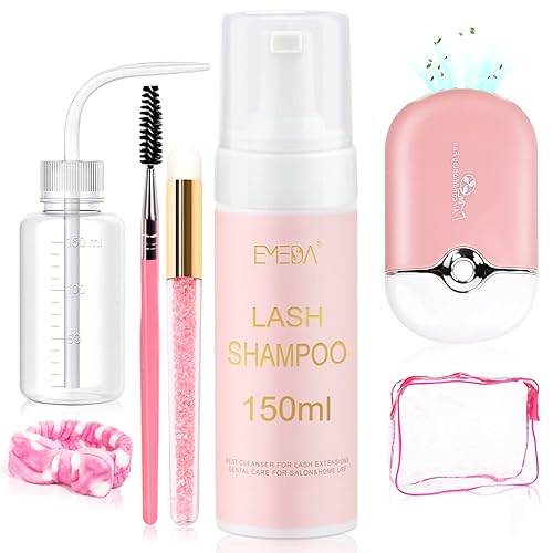 EMEDA Champú de pestañas para extensiones de pestañas, 5.1 fl oz con ventilador de pestañas, secador de pestañas, limpiador de extensiones de