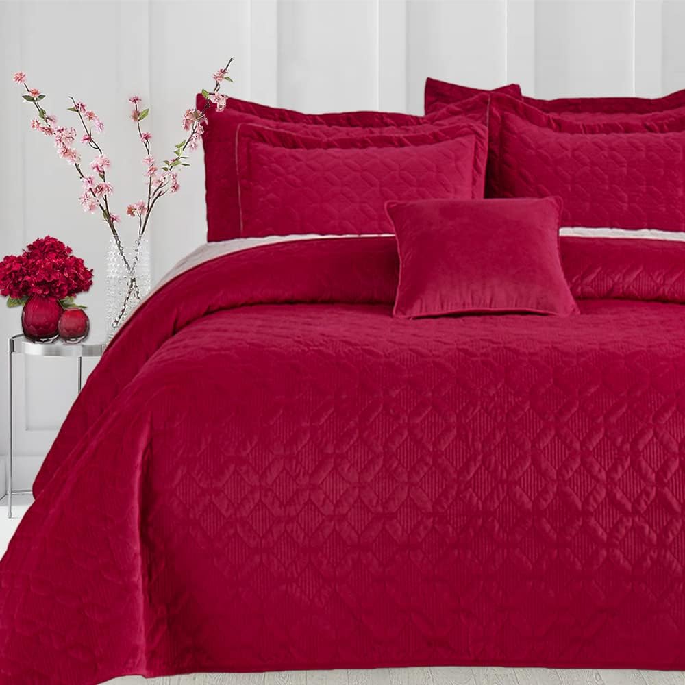 Querencia 4 Pieces Red Velvet Comforter Set Queen Quilt Bedspread Oversized Bed