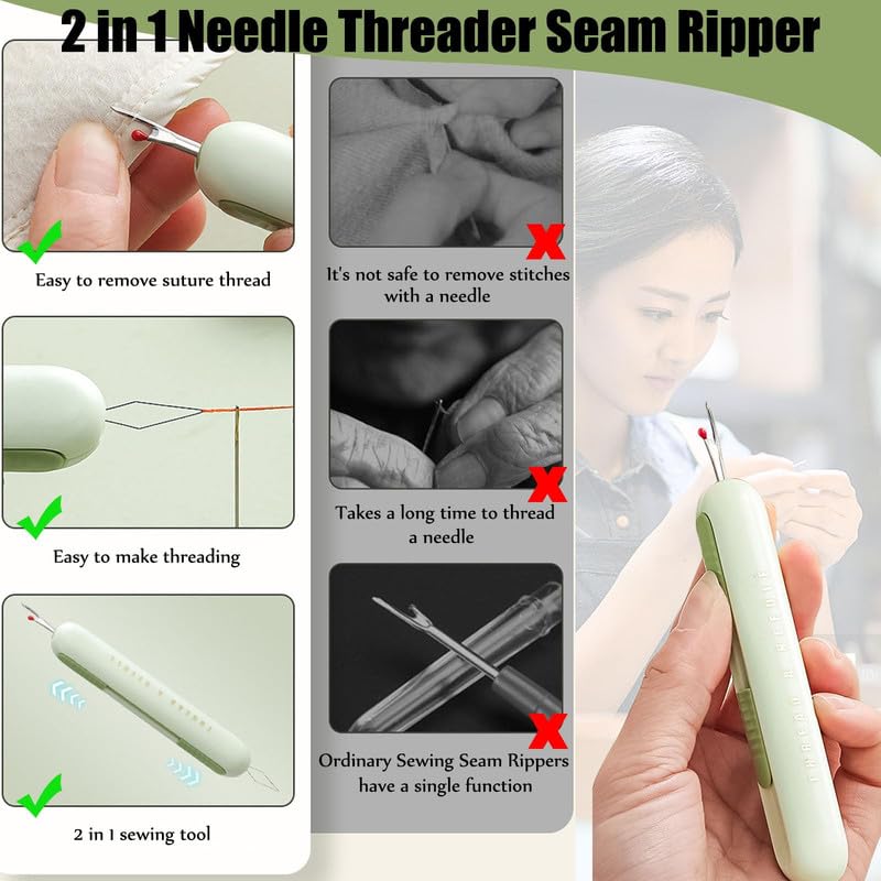 Image of 2 in 1 Needle Threader Seam Ripper, 2024 New Needle Threaders Seam Rippers for Sewing, Upgraded Threading and Seam Remover Seam Ripper Tool for Sewing Crafting Knitting Thread(Green 2pcs)