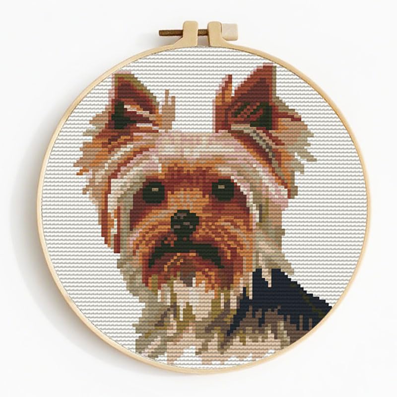 Image of Yorkshire Terrier Stamped Cross Stitch Kits for Beginners Easy with Hoop 11CT Needlepoint Embroidery DIY Counted Cross Stitch Kits Art Craft Wall Decor 35x35cm(1)