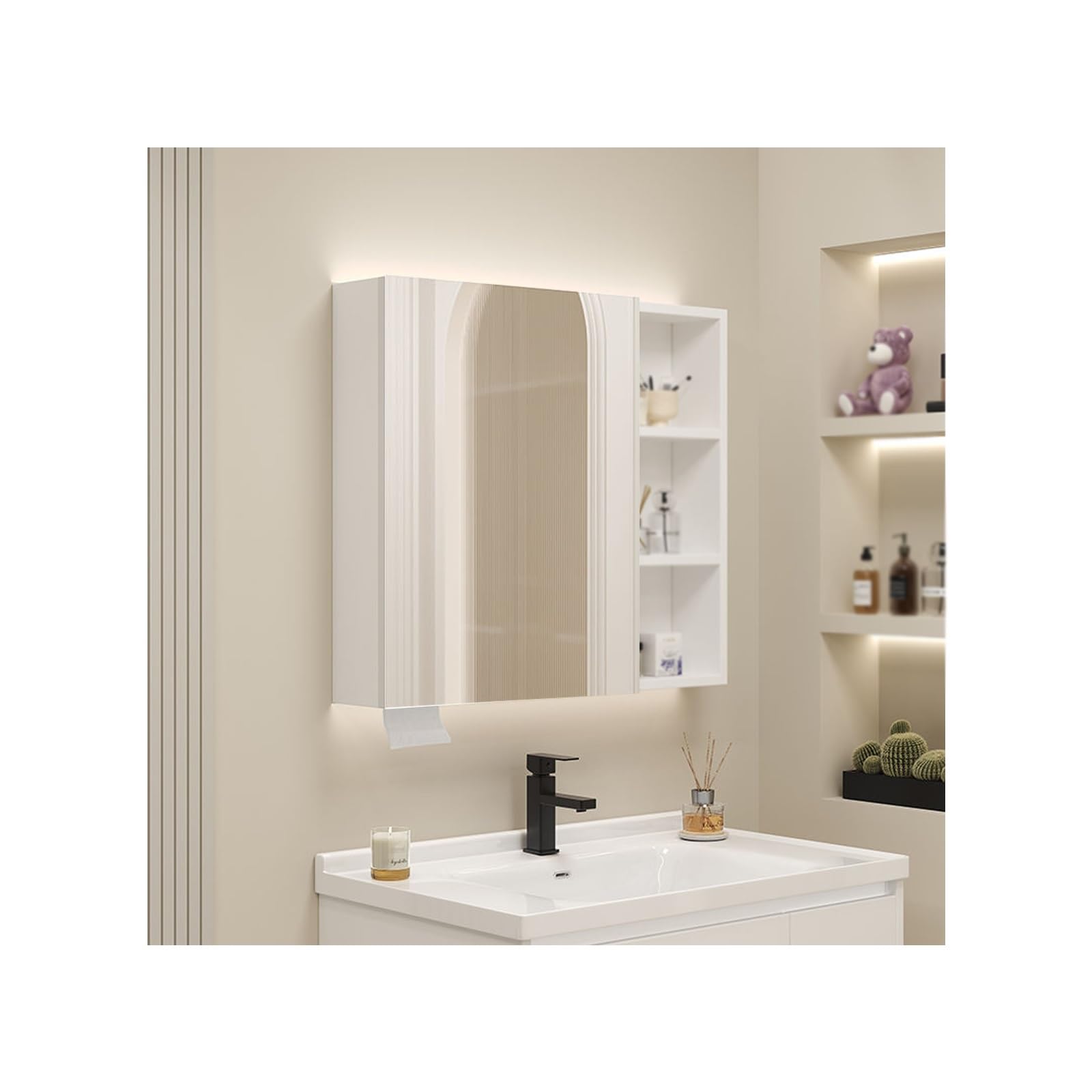 BKSXSOP Wall-Mounted Bathroom Cabinet with Mirror, Aluminum Storage nizer, Integrated Shelving for Efficient Space Saving, White, 70x68x13CM, Ideal Small Spaces.