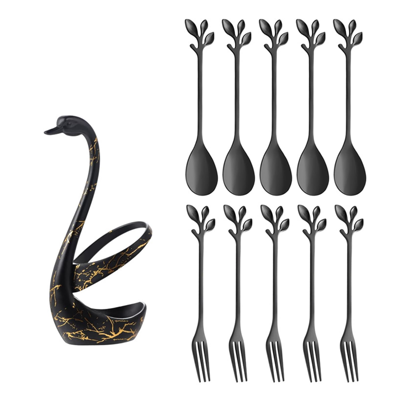 HZBB Of 1 Stainless Steel Dessert Spoon Fruit Fork Pack Artistic Cygnet Holder Stand Kitchen Cutlery for Table Decors Kitchen Utensils