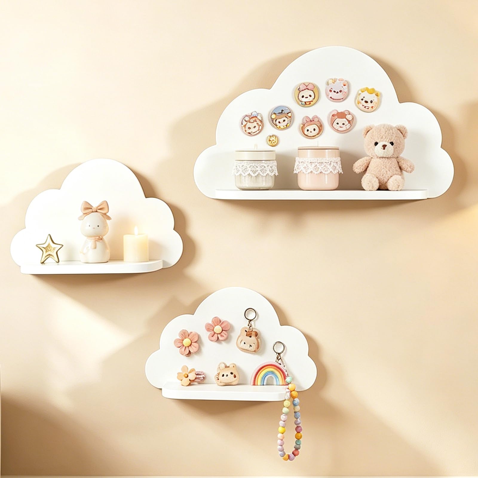 Kinderzimmer deko 3er Set Wandregal Wolke Niedlich, Aufbewahrung für Babyzimmer Kinderzimmer Junge Mädchen, für Bücher Spielzeug Figuren, Holz Weiß