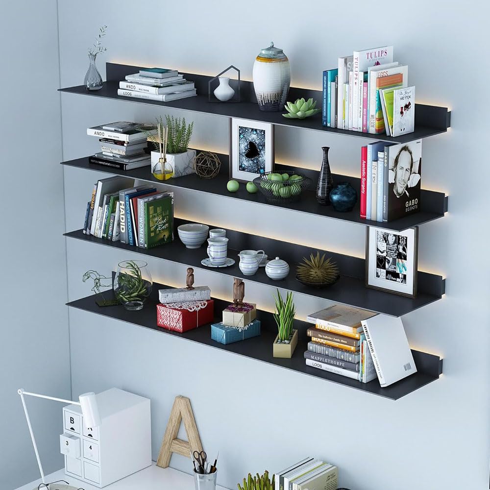 Podświetlane czarne pływające półki ścienne, wytrzymały metalowy regał ekspozycyjny, 61 cm, wisząca półka do dekoracji salonu, zestaw 1 stylowych rozwiązań do przechowywania książek