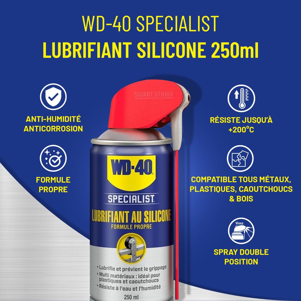 WD-40 Specialist • Lubrifiant Au Silicone • Spray Double Position • Formule Propre • Isolation contre l'humidité • Comptatible tous métaux, plastiques, caoutchoucs, bois • Carton de 12 aérosols 250 ML
