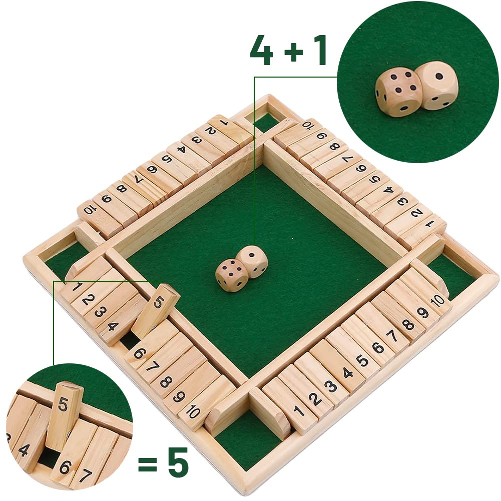 Shut the Box ACTOYS Shut the Box Game, drewniana gra planszowa z 2 kostkami, klasyczna gra w kości, gra planszowa, planszowa w kości, gry planszowe, gry matematyczne dla dzieci i dorosłych, 4 graczy