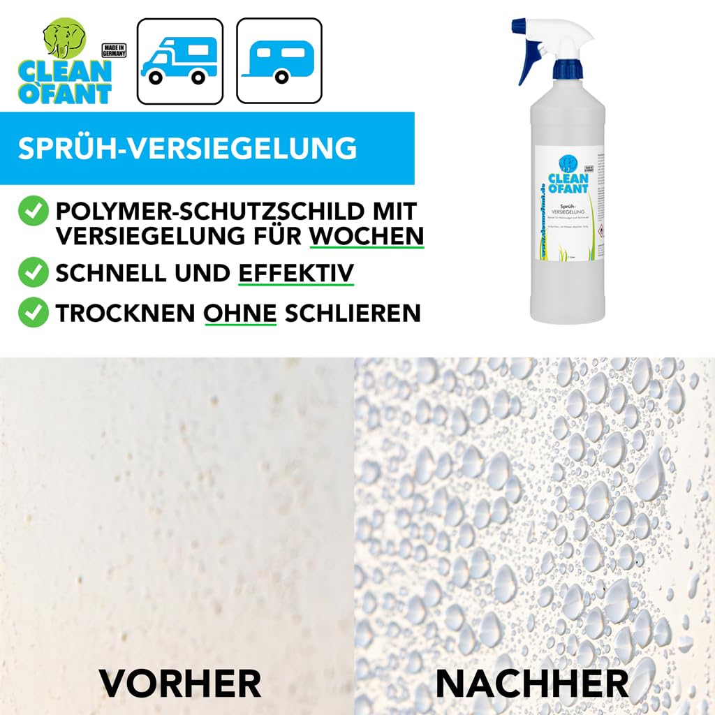 CLEANOFANT Außen Reiniger & Versiegelung Set für Wohnwagen & Wohnmobil | 2,3L Außen-SAUBER, 1L Sprüh-Versiegelung, Waschbürste, Waschhandschuh & Wascheimer - Pflege & Schutz für GFK Lack Acrylglas
