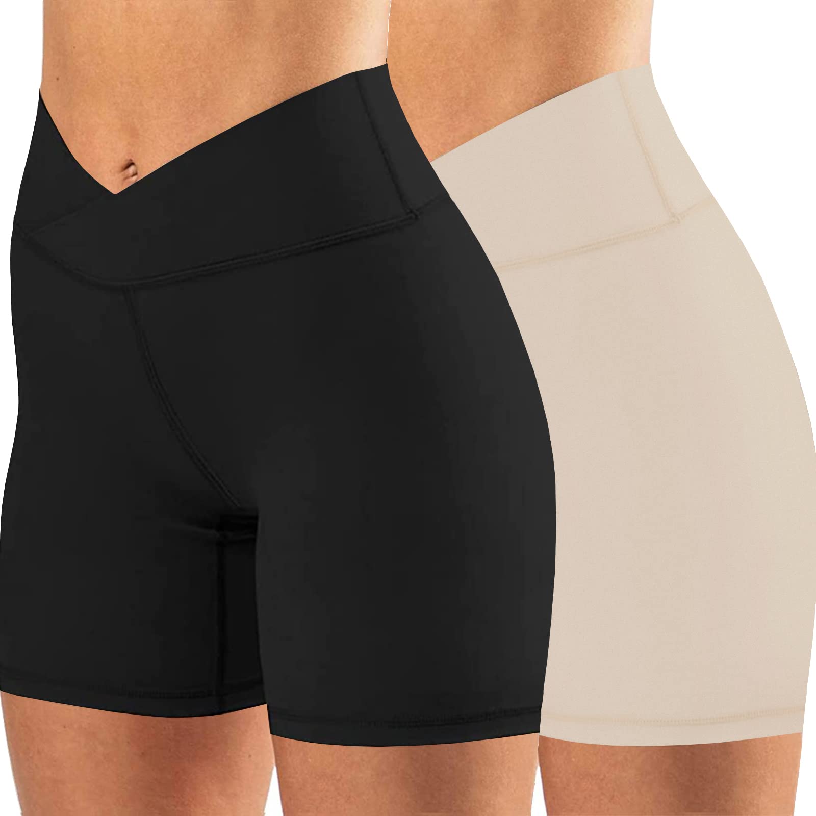 keriffe Womens Crossover Biker Shorts 5" High Waisted Yoga Workout Athletic Running Spandex Shorts