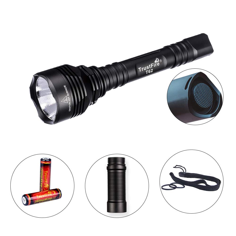TrustFireT62 LED Torch 3600 Lumen Super Bright with XHP70 CW LED up to 431 Metres and Waterproof IPX8 Tactical for Hunting and Many Sports Activities (2 x 18650 Batteries 3400 mAh Included)
