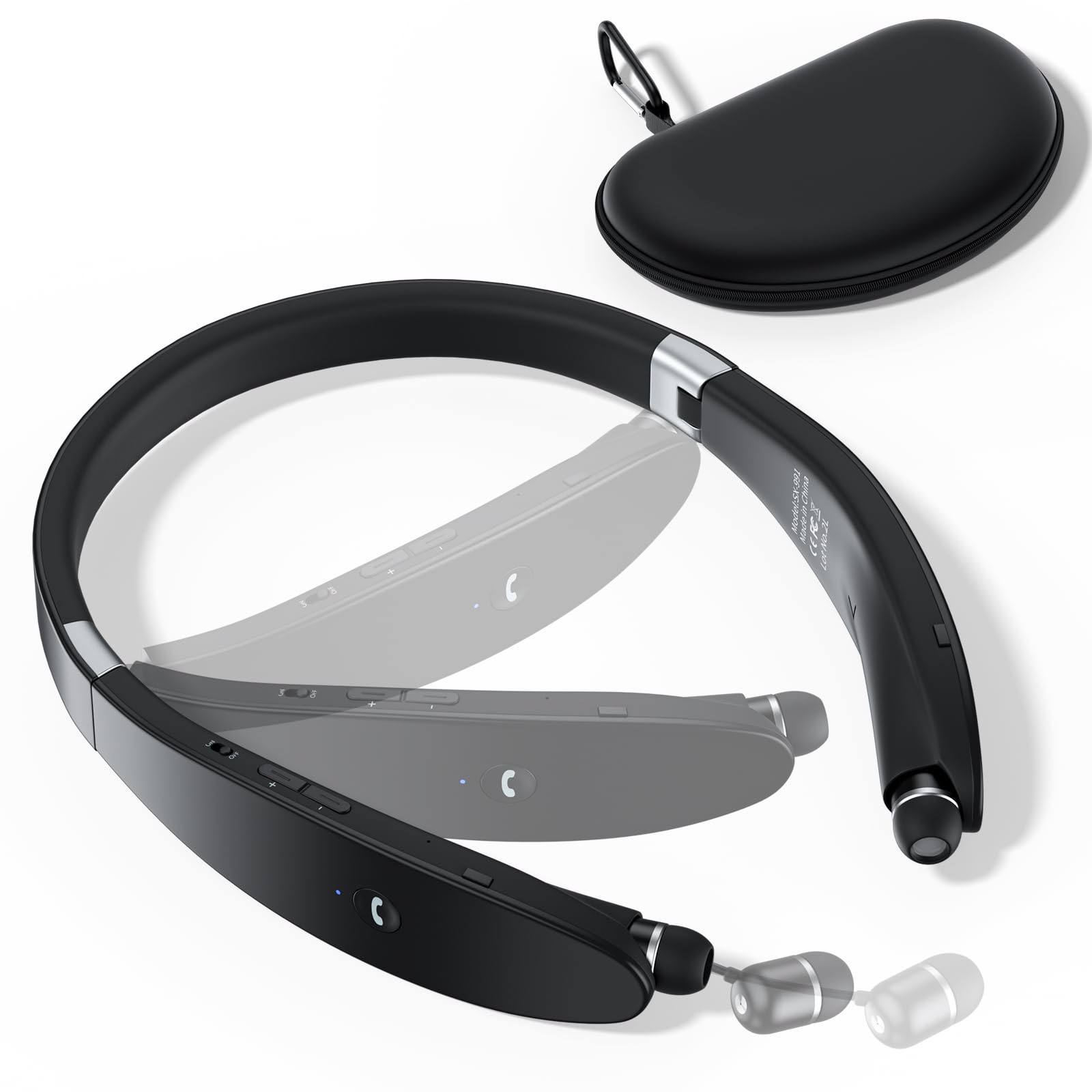 Bluetooth Headphones, Neckband Wireless Headset Bluetooth with Retractable Earbuds & Carrying Case, Foldable Noise Cancelling Earphones Workout with Mic for Workout, Lightweight & Sweatproof