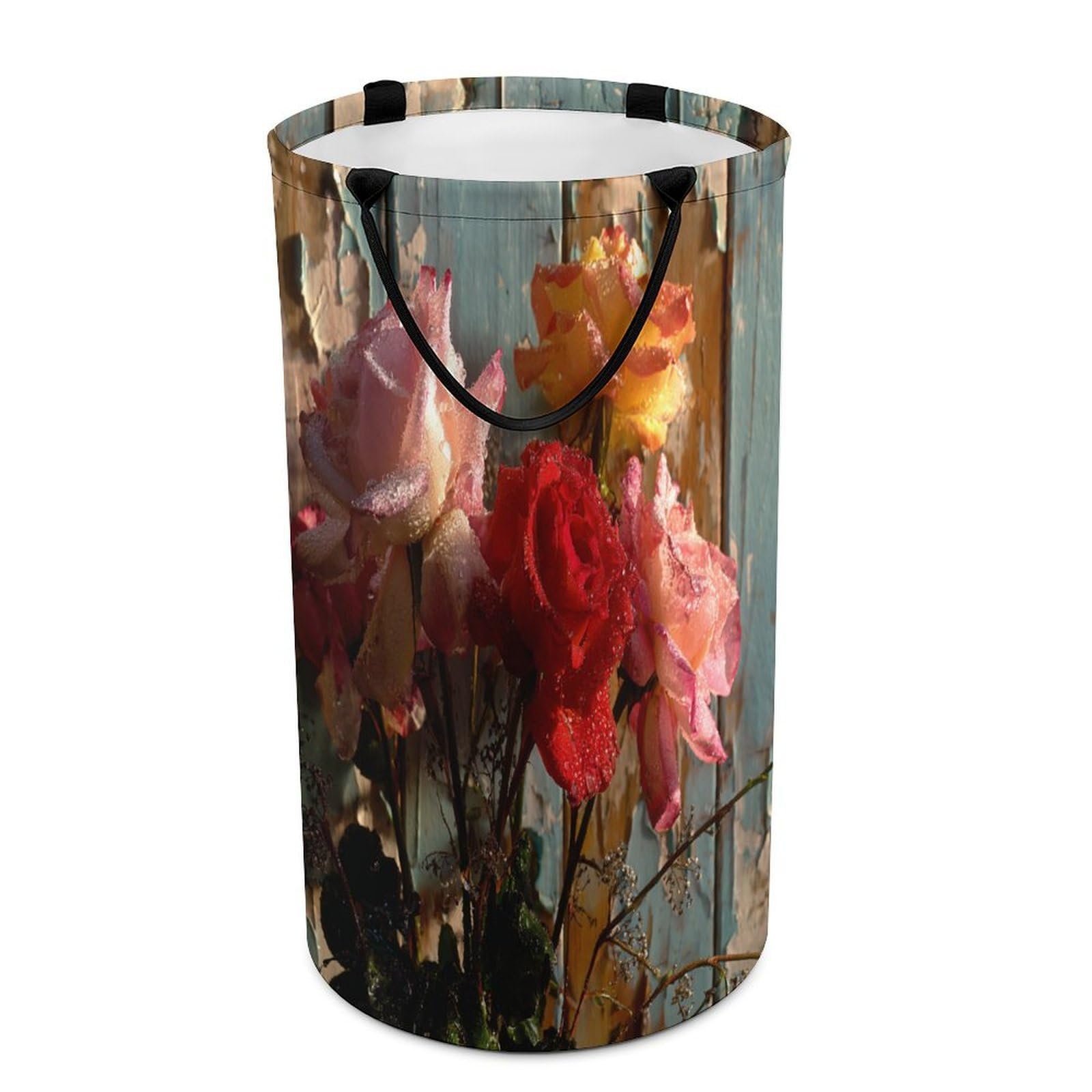 LUYYSKY Rustic Cute Red Roses Collapsible Dirty Clothes Basket, Vintage Colorful Wooden Board Botanical Roses Flowers Portable Clothes Storage Basket