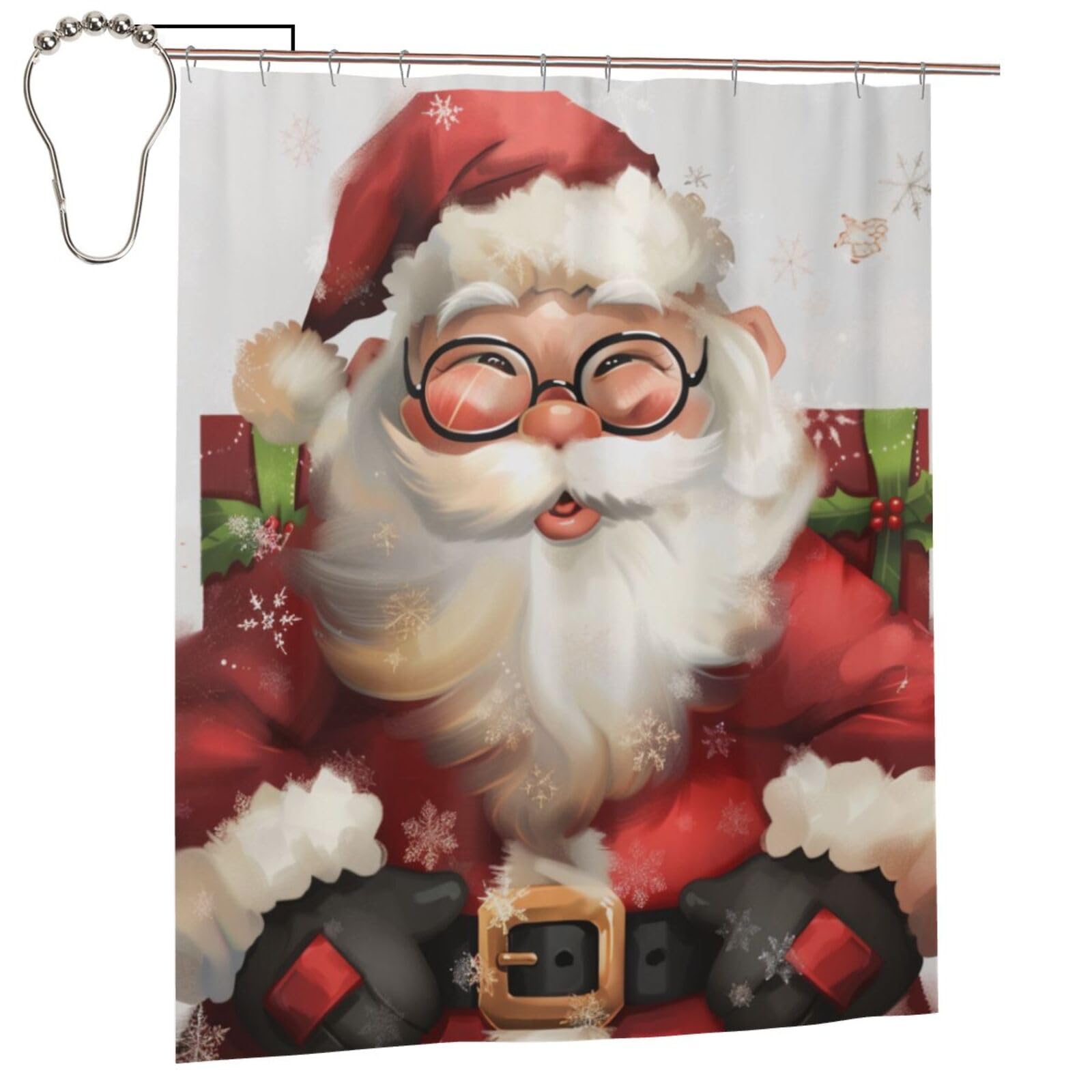 BWWHCCTI Cute Santa Claus Printed Shower Curtain With 12 Iron Hooks Opaque Quick Drying Waterproof Shower Curtains Sets For Bathroom 152x183 Cm