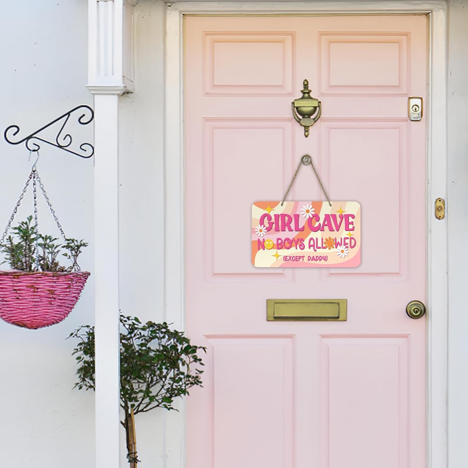 Mandala Soul Girl Cave No Boys Allowed Expect Daddy Front Door Sign, Pink Fluid Painting Art Wooden Door Hanger Toddler Baby Nursery Decor, Daisy Wreath Indoor Kid Teen Girl Bedroom Wall Hanging Decoration 2