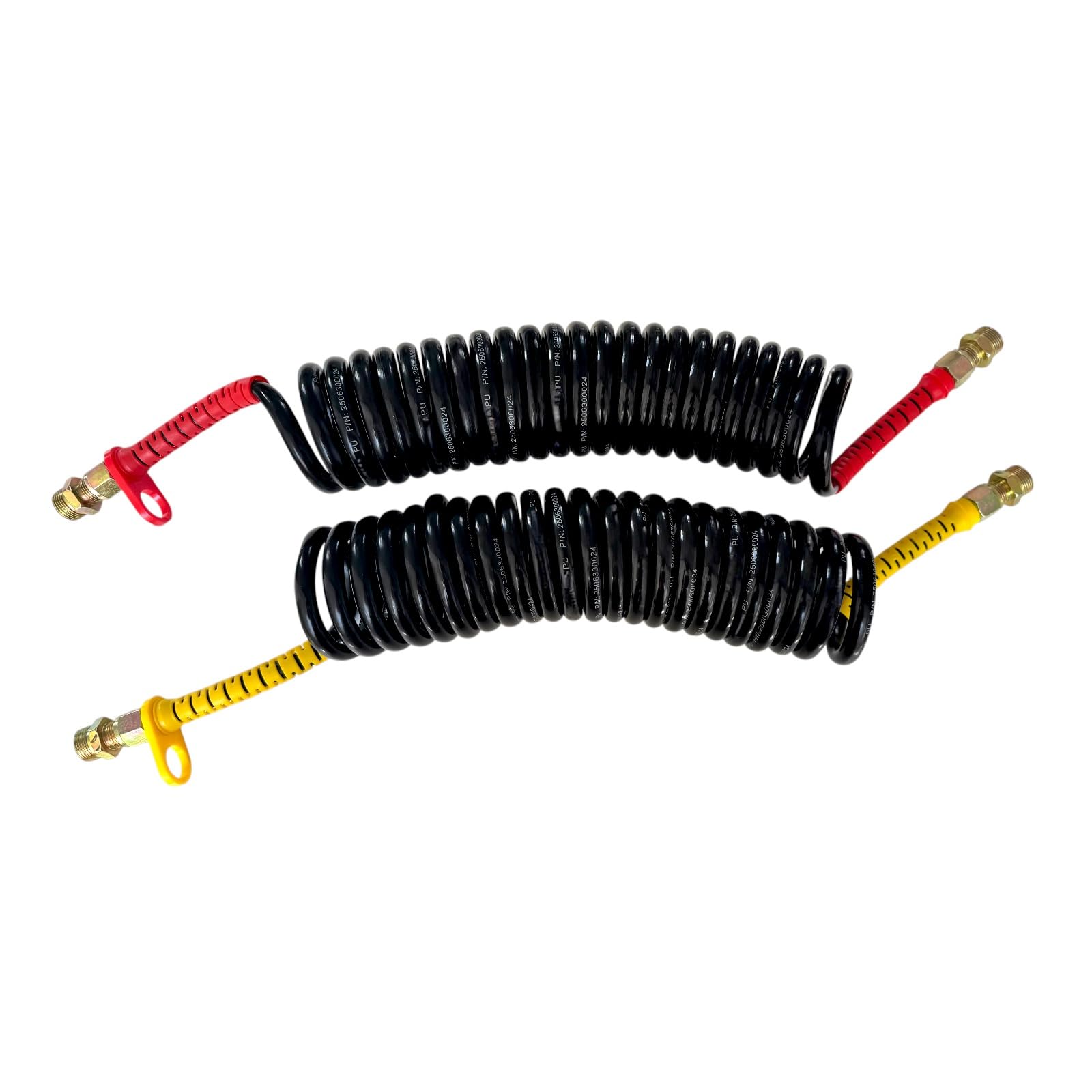 Druckluft Spiralschlauch, Kupplungskopf ODER Komplett-Set (nach Wahl) - M16 / M22 LKW Druckluftschlauch (Rot & Gelb) für Anhänger, Traktor (M22: Komplett-Set (Schlauch+Kupplung))