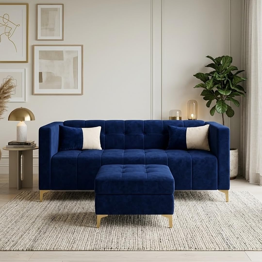 FURNY Homeliving 4 Seater L Shape Sofa Set with Movable Ottoman & Golden Legs | Flexible Left or Right Layout | Plush Velvet Fabric (Dark Blue) | Perfect for Living Room, Guest Room & Office