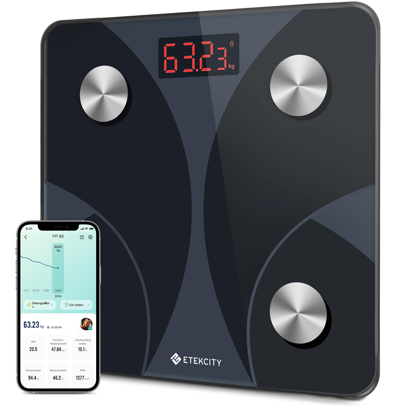 Etekcity Personenwaage Körperfettwaage 180kg/0 05kg Waage Personen mit APP Bluetooth Körperwaage für13 Körperwerte Personenwaage digital Waage mit Körperfett und Muskelmasse BMI Protein