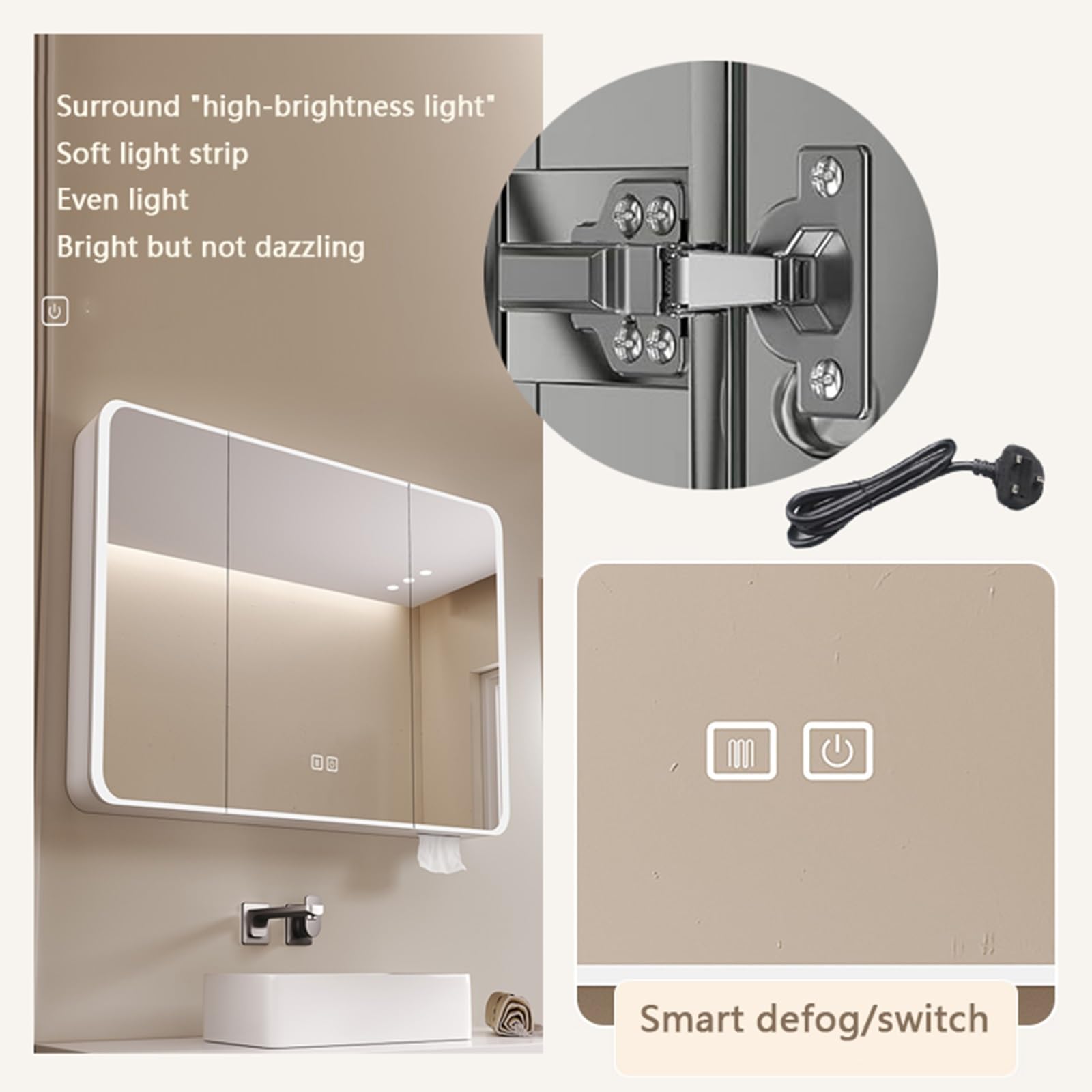 Espejo de baño, botiquín Iluminado con Espejo, antivaho, Mueble de baño de Pared con Luces LED, Brillo Ajustable, Espejo de Maquillaje de Pared, Gris, Blanco (Gris, 60 cm de Ancho x 70 cm de