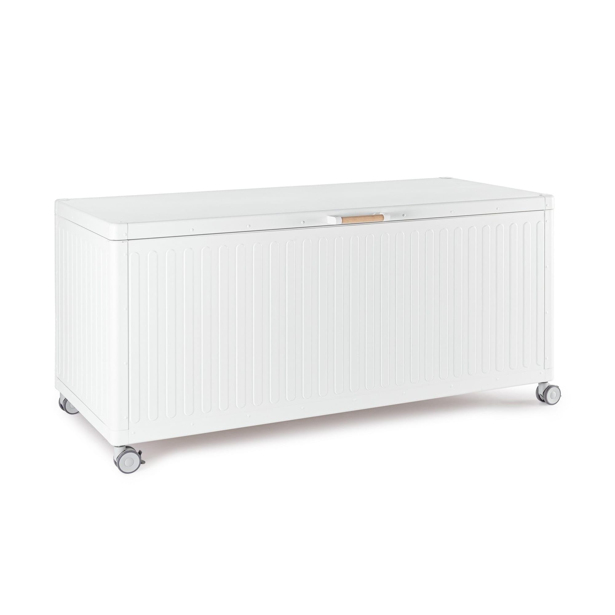 KONTE.DESIGN Baule da Giardino Braga in Alluminio Bianco, con Ruote e Maniglia Effetto Legno