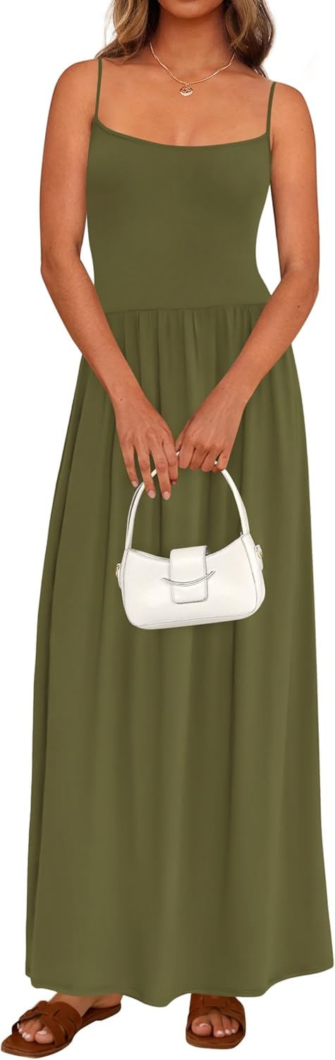 PRETTYGARDEN Womens Spaghetti Strap Maxi Dresses Sleeveless Summer Dress Long Casual Knit Flowy Beach Sundresses with Pockets