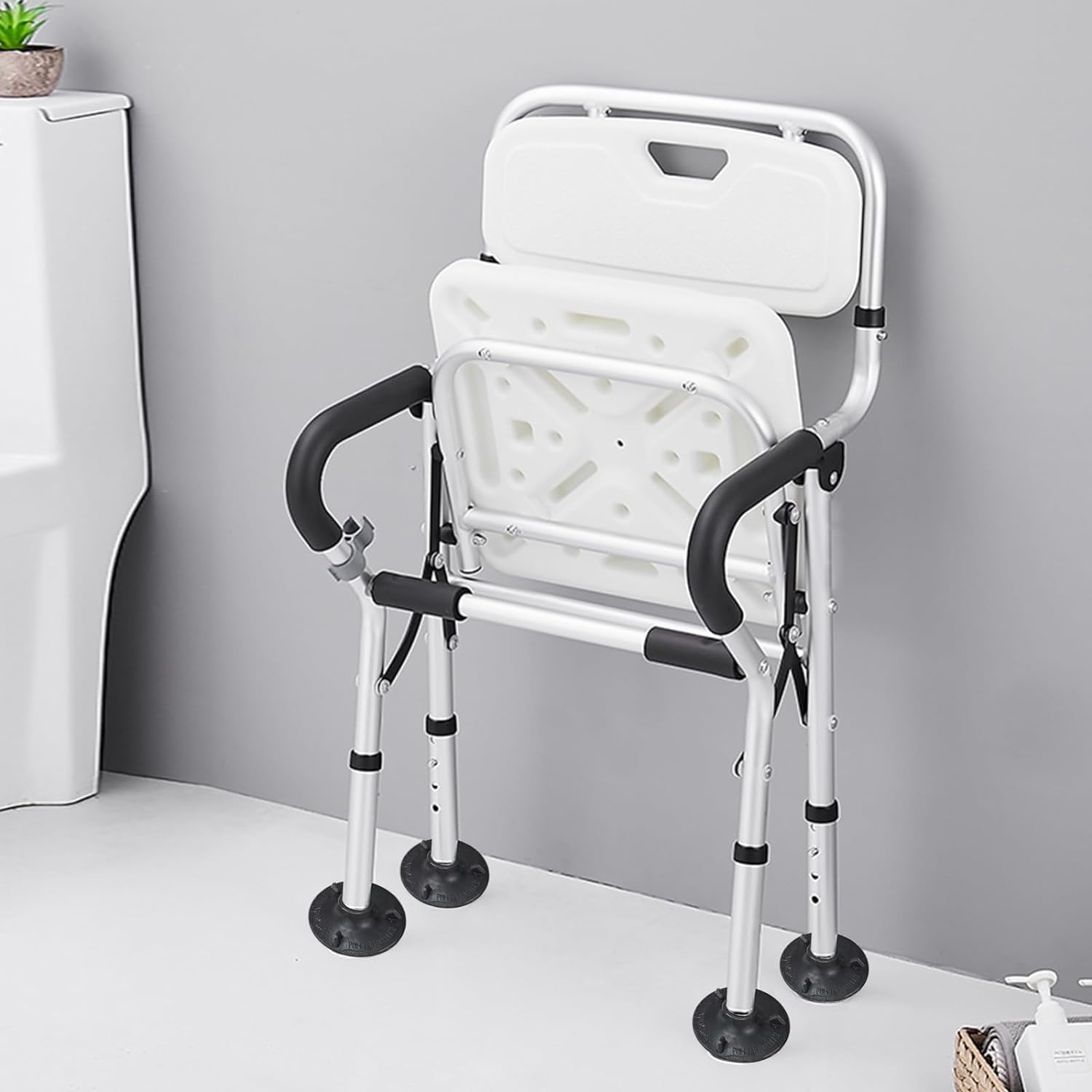 Silla de Ducha Plegable con Respaldo y reposabrazos, Patas Ajustables for bañera, pies Antideslizantes, Asiento de Ducha Plegable for Personas Mayores, discapacitados, Personas Mayores(A)