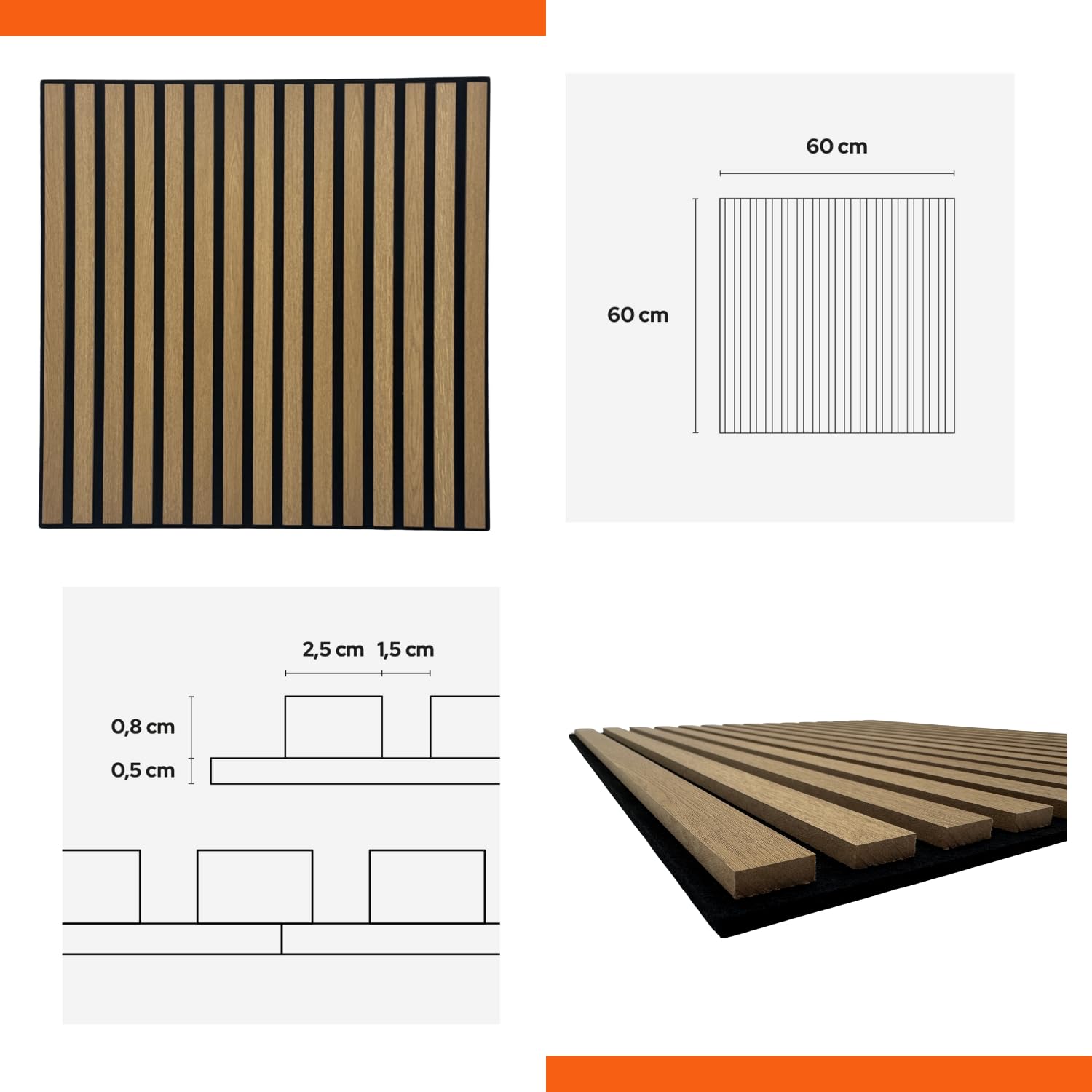 eacommerce | Pannello Fonoassorbente, Doghe in MDF, 60x60 cm, Rivestimento murale | Isolamento acustico, Facile da installare, Leggero | Migliora l’acustica e riduce il rumore | Confezione da (Rovere)
