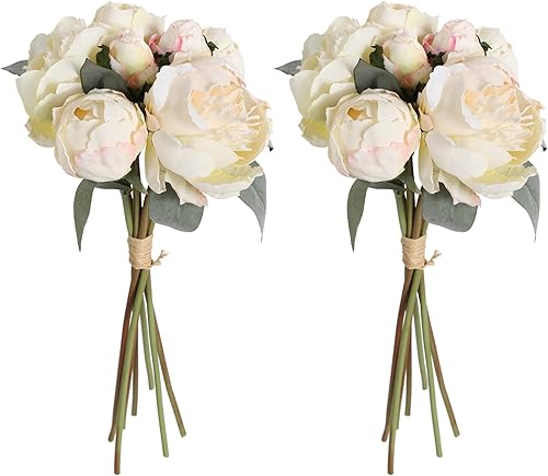 Peonías artificiales blancas, 2 ramos de flores de seda, 14 cabezas, flores falsas blancas vintage, flores de peonía sintética para arreglos