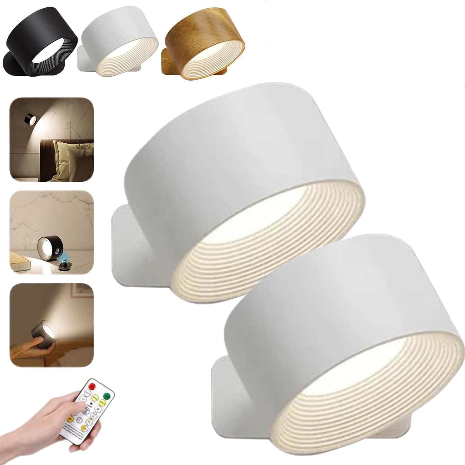 Lights of Sweden Wall Lights, Rechargeable Wall Mounted Sconces,3 Color Modes 3 Brightness Levels 360°Rotation Lighting, for Bedroom Reading Bedside (Remote-2 Pack) (White)