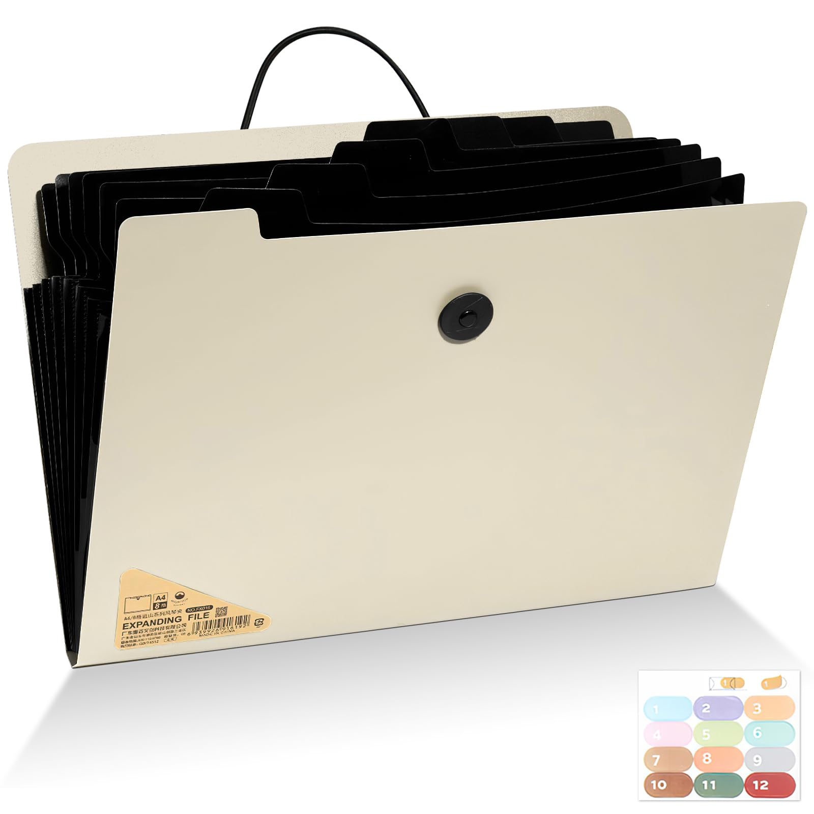 SAYEEC Expanding File Folder, 13 Pockets Accordion File Organizer with 12 Labels, Expandable Plastic Filing Folders, Letter A4 Portable Document Paper Organizer for School Office Home (Beige, 1Pack)
