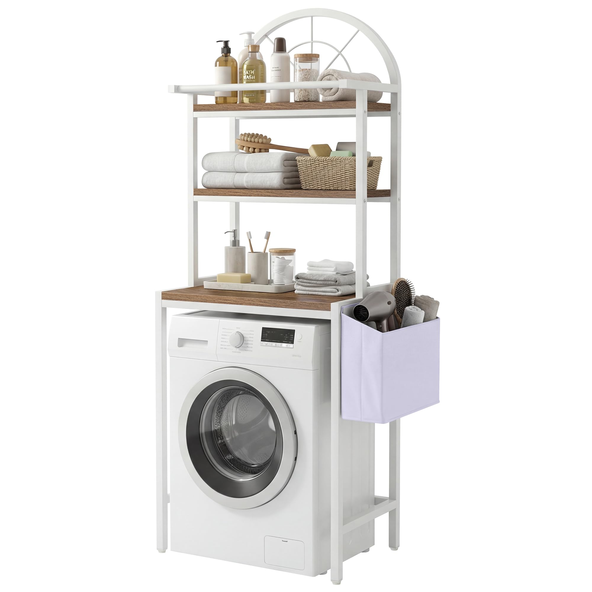 YITAHOME Étagère à Placer au-Dessus d'une Machine à Laver ou de Toilettes, avec 3 étagères, Design arqué, Structure en métal et Bois avec Sac de Rangement en Tissu, 64,5 x 190 x 40 cm, Blanche