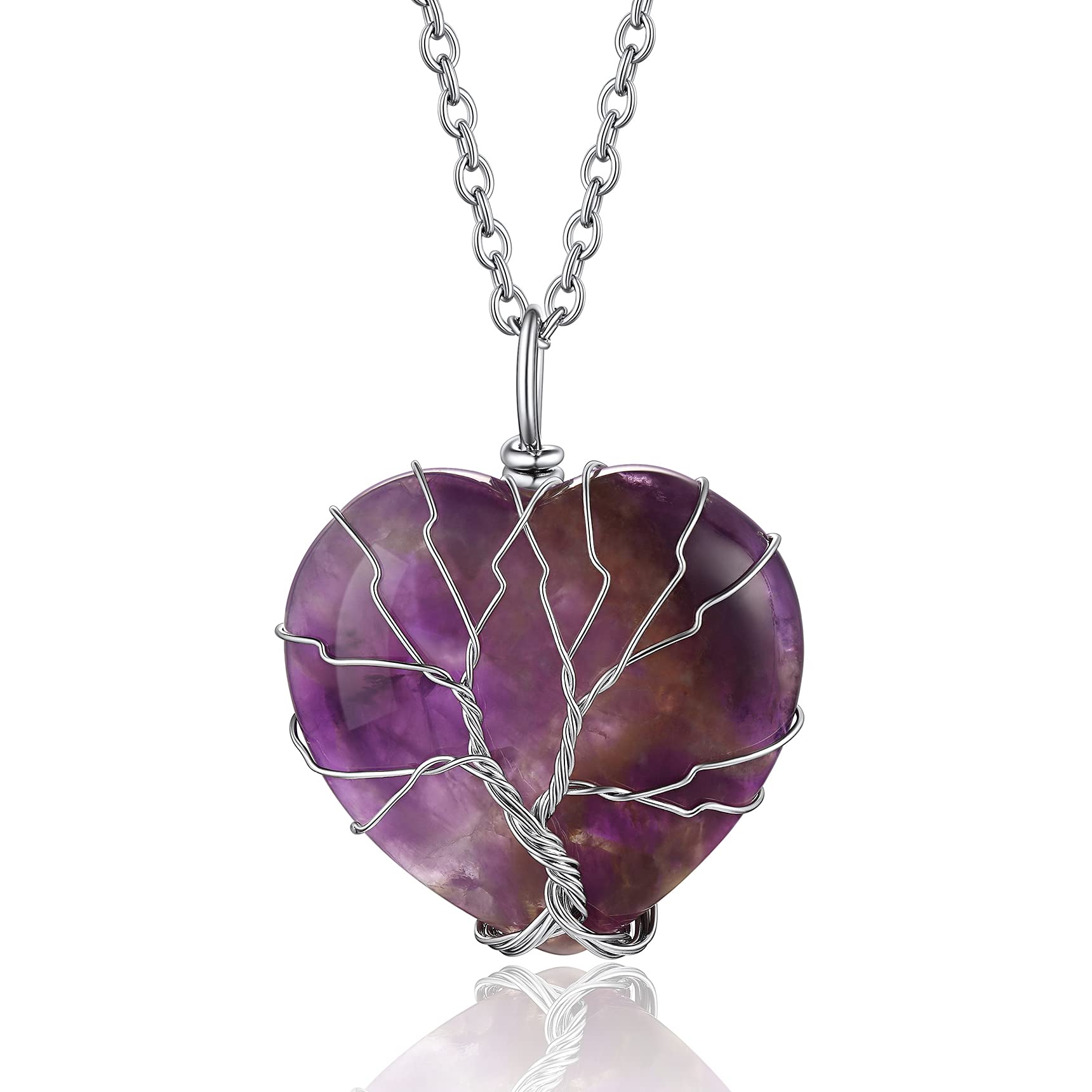 Bestyle Tree of Life Wrapped Healing Crystal Necklaces 12 Month Birthstone Pendant for Women, Crescent/Heart Gemstone Jewelry, Vintage Birthday Gifts/Energy Gift