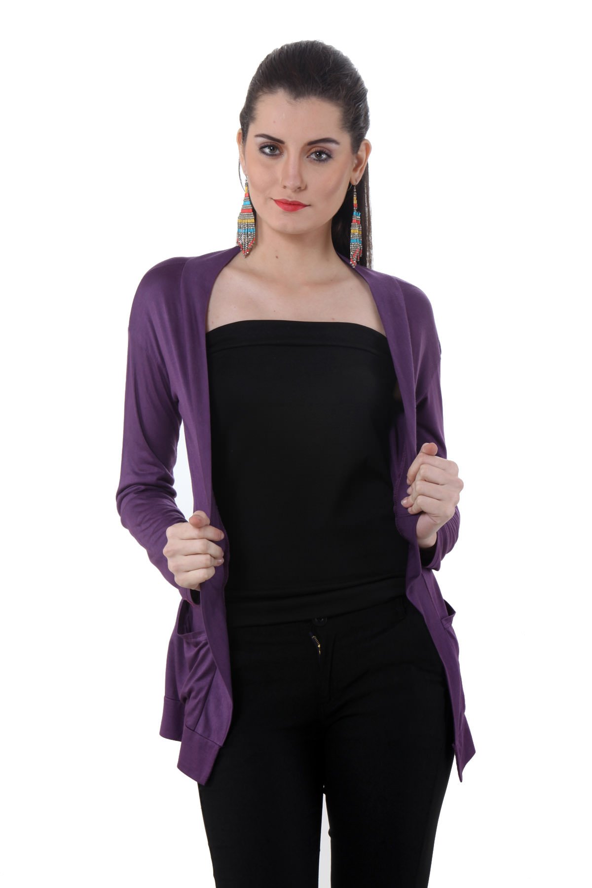 teemoods Women's Viscose/Modal Full Sleeve Dark Purple Shrug with Pockets (Small)-picture-47
