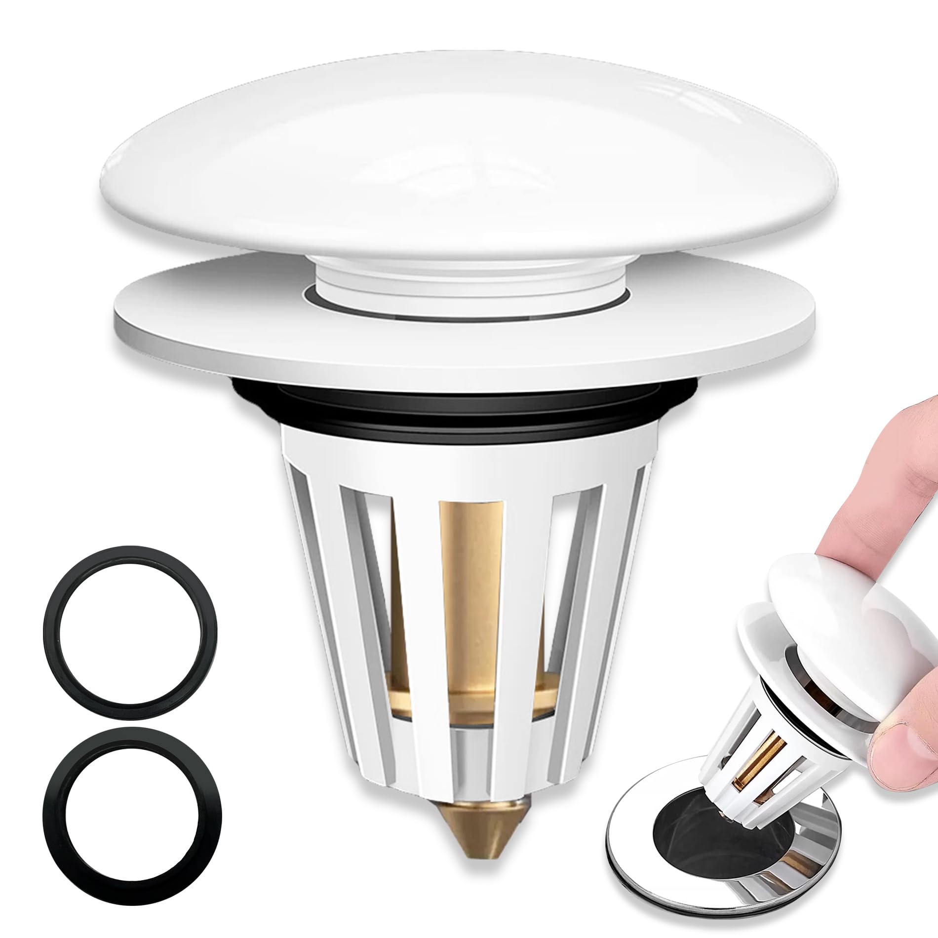 1 Pcs Sink Plug, Brass Bounce Core Push-Type Drain Plug, Pop up Drain Stopper Filter, Universal Bathroom Sink Plug, Ceramics Sink Stopper, for Washbasin Bathroom and Kitchen Basin (33-40mm White).