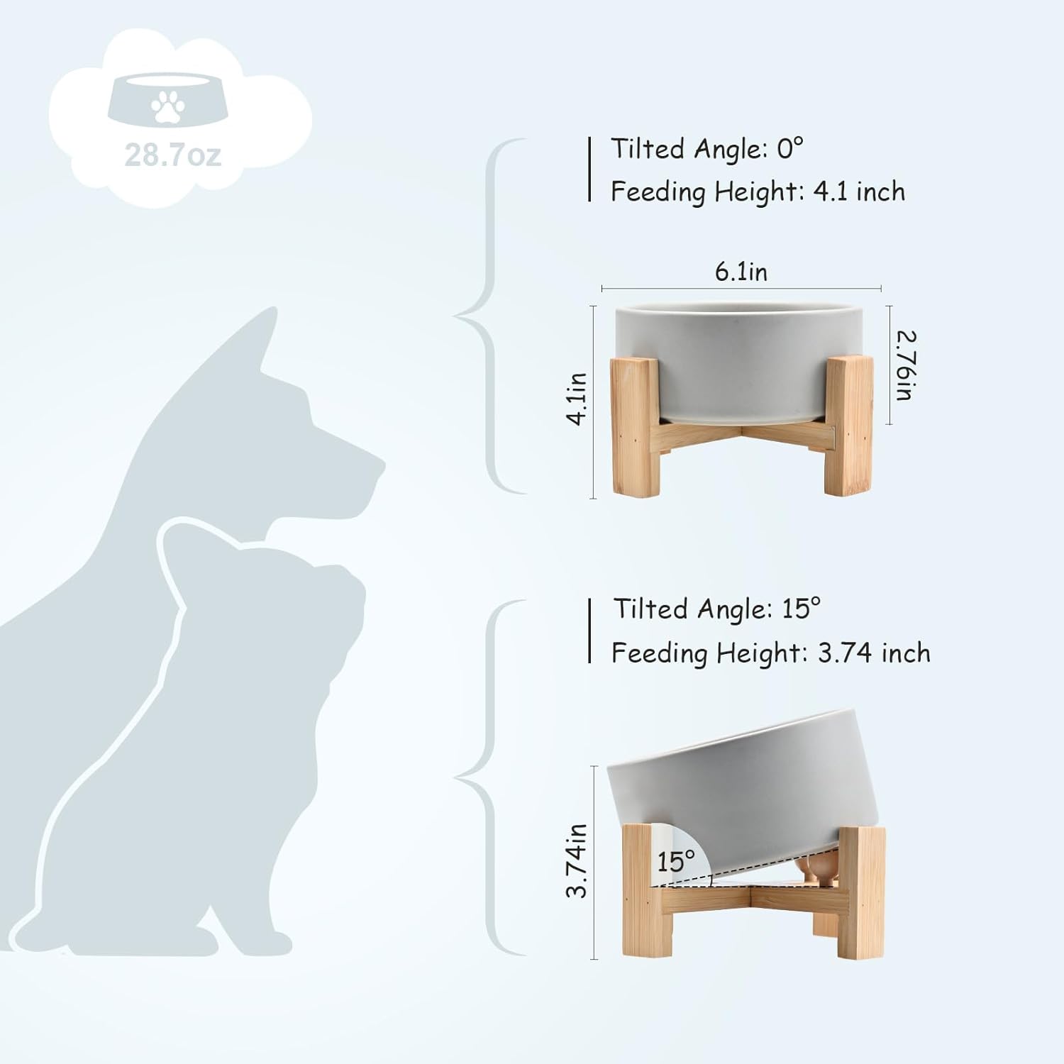 SPUNKYJUNKY 15° Slanted Ceramic Dog and Cat Bowl with Wooden Stand, Tilted Bulldog Food and Water Bowl No Slip Non-Spill for Cats Medium Dogs Big Face Pets 28.7 OZ (3.6 Cups, Grey)