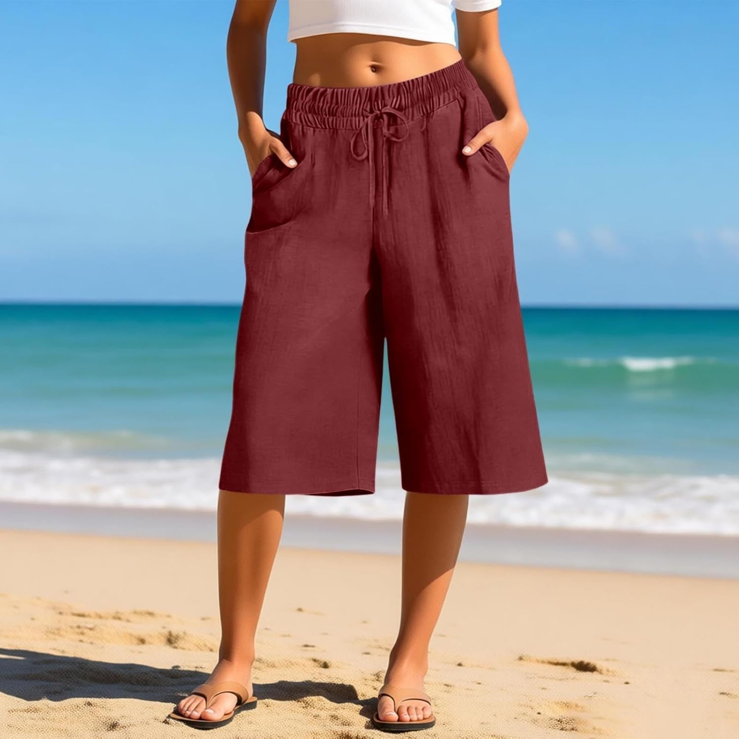 Linen Capri Pants for Women High Waisted Wide Leg Long Shorts Business Casual Beach Summer Pant with Pockets