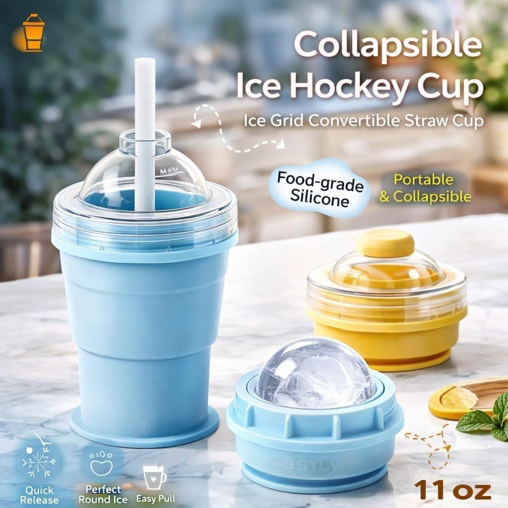 Tasse pliable en silicone avec couvercle et paille, gobelet de voyage portable pour whisky, café glacé, jus, design étanche, avec moule à glace pour un démoulage facile