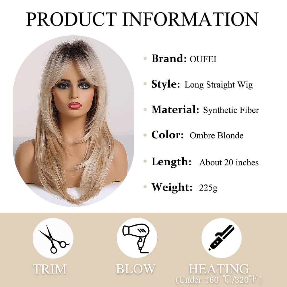 Perruques Blondes pour Femmes Perruque Longue Et Droite avec Franges Cheveux Synthétiques Dégradés avec Racines Foncées pour Un Usage Quotidien Et Festif