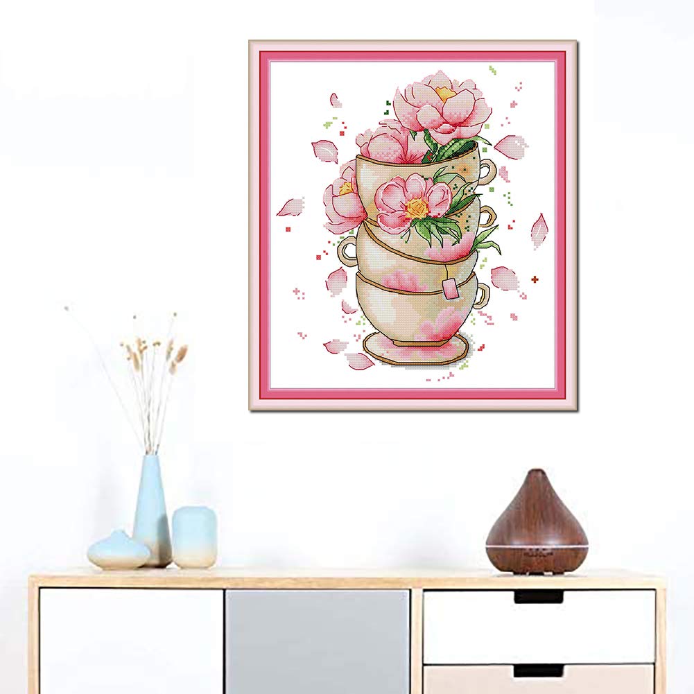 OWN4B Cross Stitch Kits Stamped, Flower on Coffee Cup Printed Pattern 11CT 14.6x16.1 inch DIY Embroidery Kit - Image 2