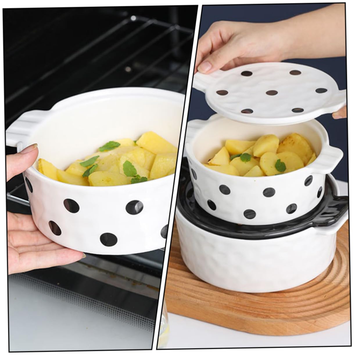 Bol de Hornear de Cerámica para Postres para Ensaladas Desayunos Resistente Altas de Puntos Negros para Cocinas