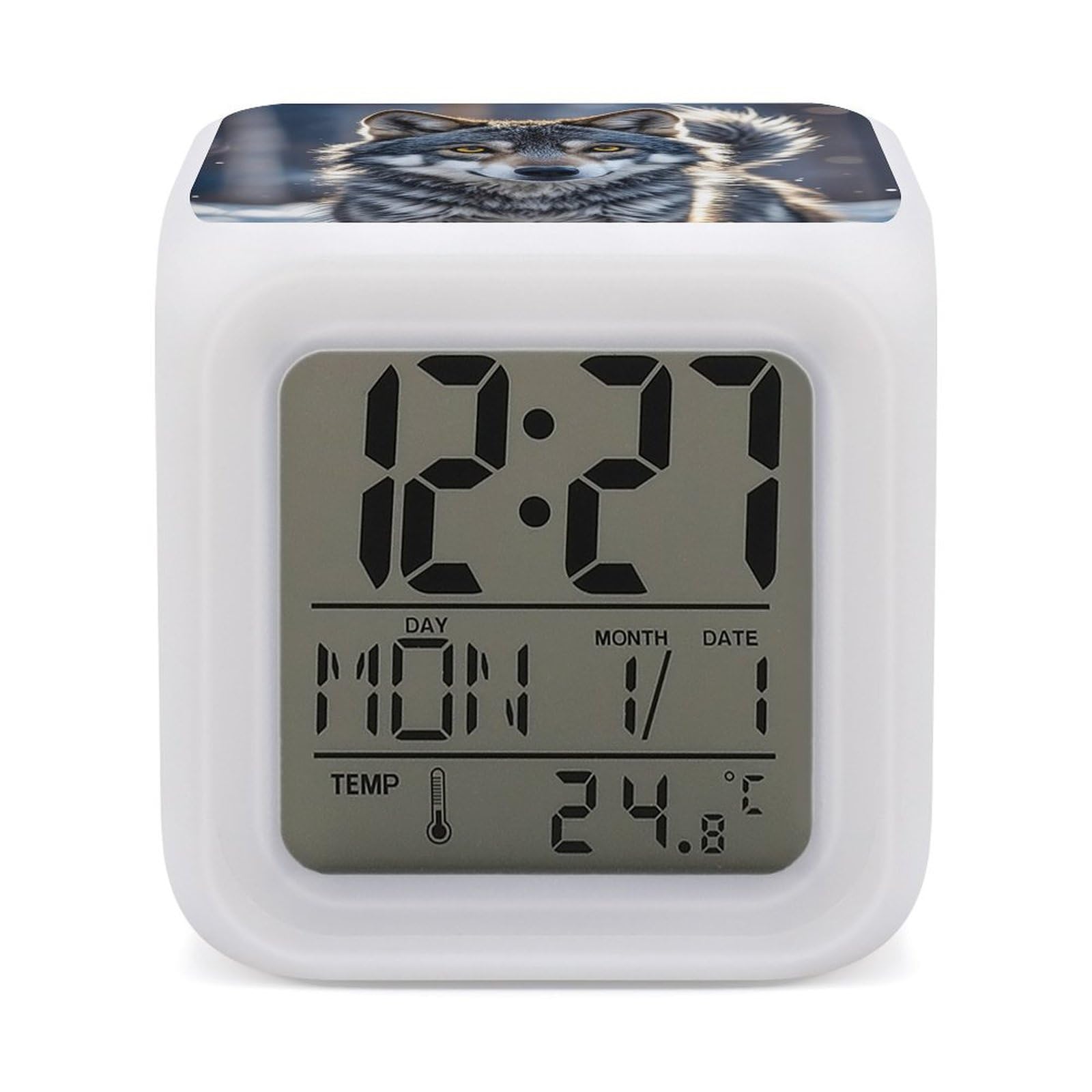 LZQPOEAS Cute Wolf Alarm Clock Desk Clock with 7 Color Changing Night Light Digital Clocks with Temperature Display Sleep Training and Sound Machine for Heavy Sleeper