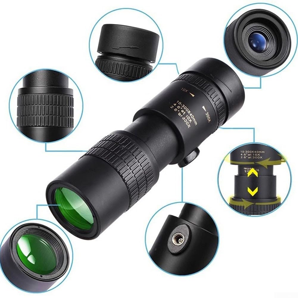 Télescope monoculaire 10-300x, zoom HD haute puissance, avec technologie de vision nocturne à faible luminosité pour l'observation des oiseaux, la chasse, le camping, les voyages et la faune (Suit)