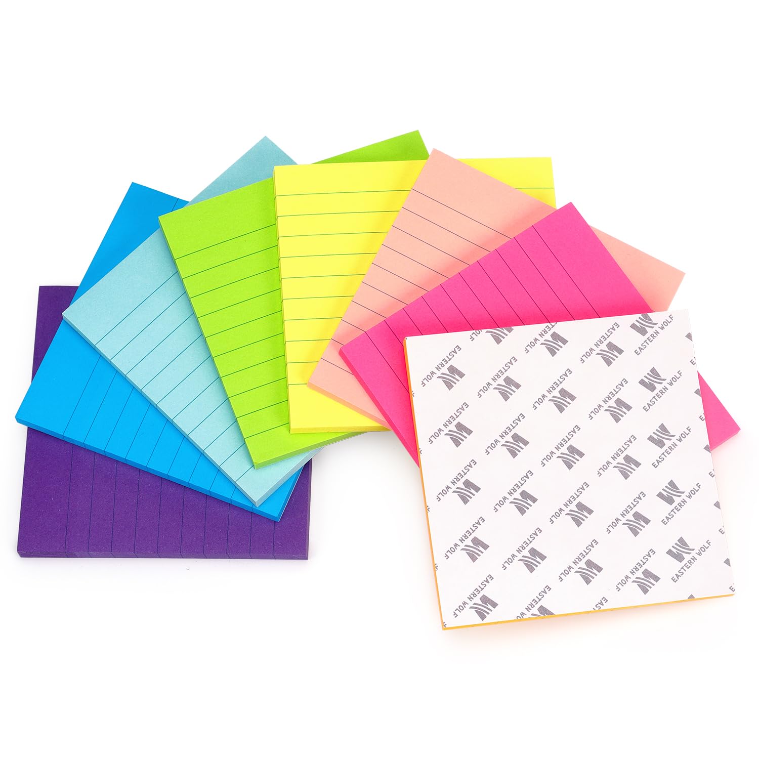 Eastern Wolf 8 blocs de notas adhesivas forradas de 3 x 3 pulgadas, con líneas, 8 colores brillantes, 85 hojas/bloc
