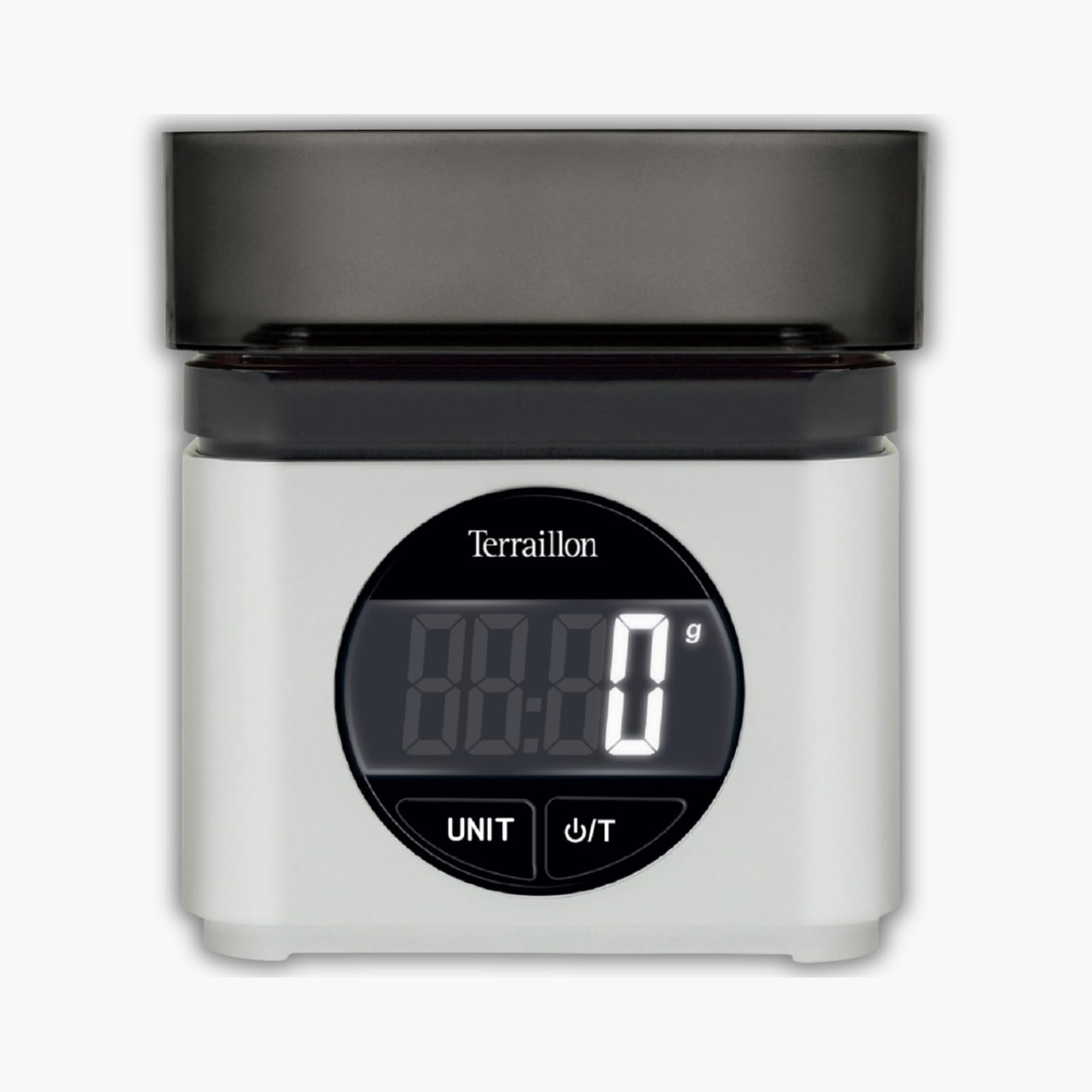 TERRAILLON - BA22 MYTHIQUE - Elektronische Küchenwaage, ikonisches und Retro-Design, integrierte Schüssel 0,7 l, großes LCD-Display, XXL-Ziffernanzeige, Tara-Funktion, Grau