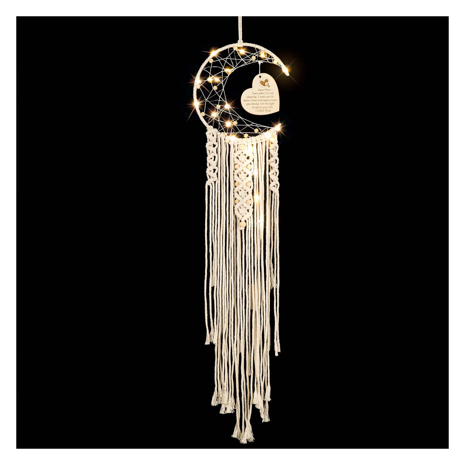 WIFTREY Moon Dream Catcher Gifts for Mom, Beige Macrame Wall Hanging Decoration with Night Light, Present from Daughter Gift for Mother's Day Birthday