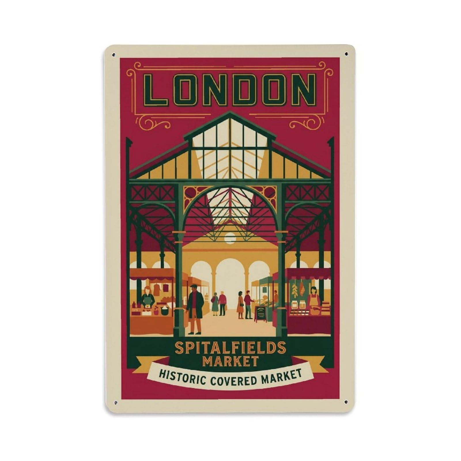 Vintage Travel London Spitalfields Market Historic Hall Clean England Metal Tin Sign Plaque Wall Decor for Cafe, Club Bar, Office, Home Garden Metal Poster 8x12Inch