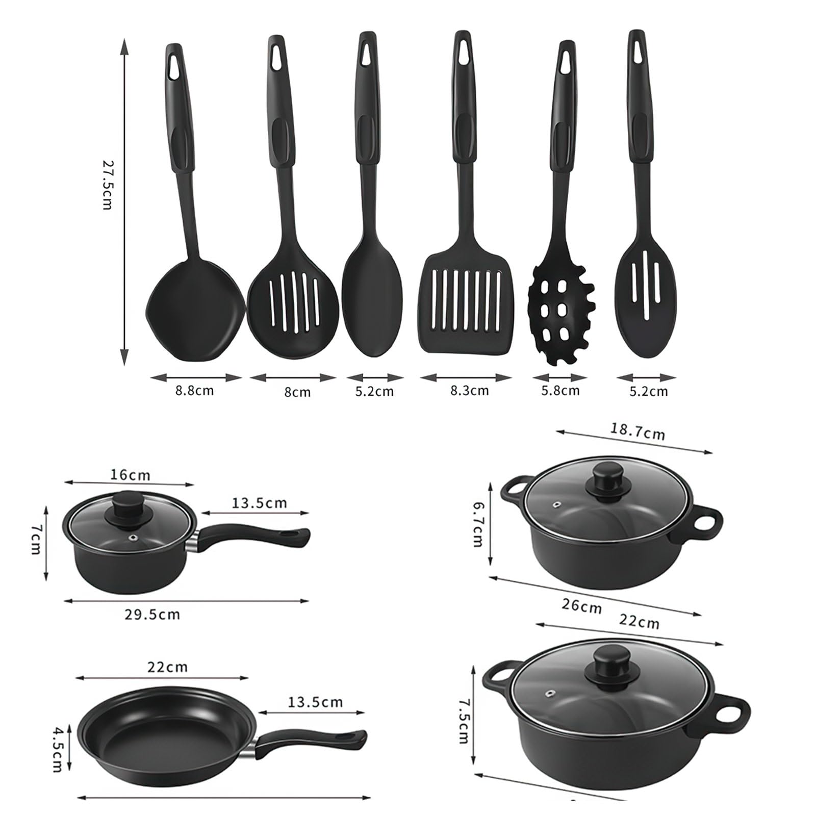 Batterie Cuisine,Casserole et Poêle Induction 13 Pcs Antiadhésives (13PCS) | Poêle Profonde avec Couvercles(16/18/22cm),Poêle à frire 22cm,6pcs cuillères,Poignée Amovible,Compatible Tous Feux